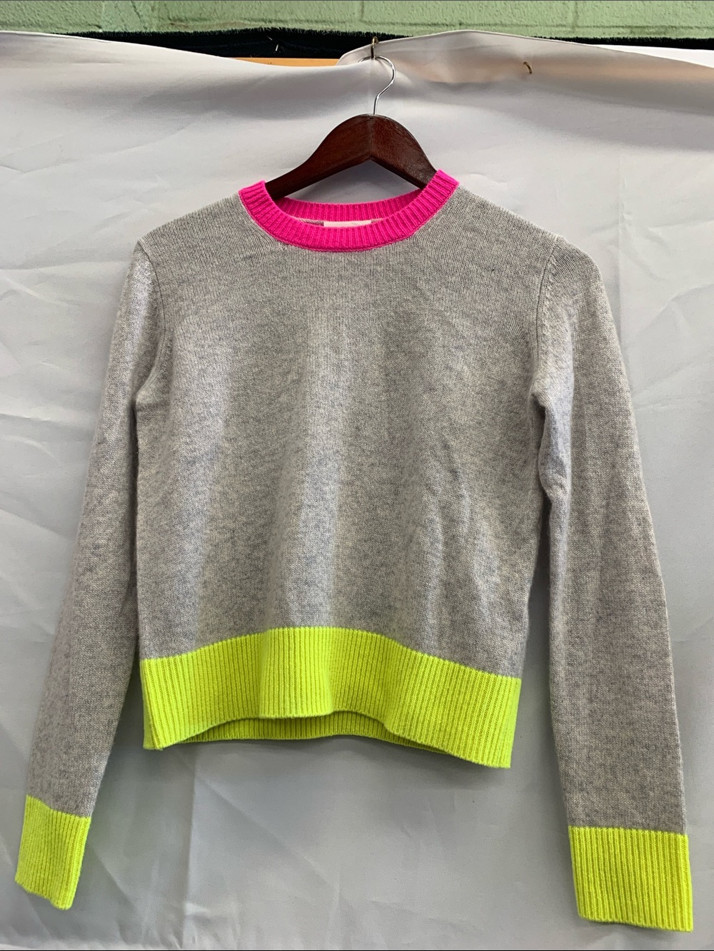 Women's Gray Crewneck Sweater with Neon Pink Collar and Lime Trim